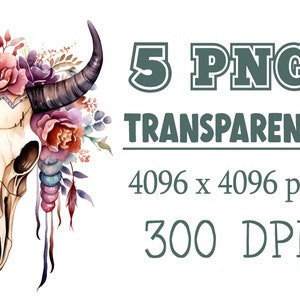 Aquarelle Boho vache crâne Png Clipart ensemble, belle Floral Longhorn taureau crâne PNG Illustration numérique, téléchargeable papier artisanat Arts image 2