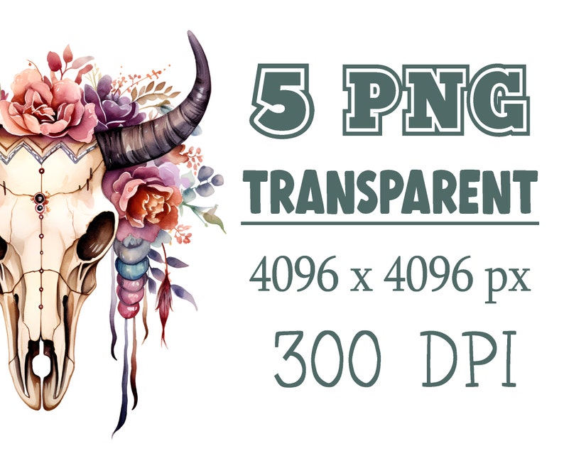 Aquarelle Boho vache crâne Png Clipart ensemble, belle Floral Longhorn taureau crâne PNG Illustration numérique, téléchargeable papier artisanat Arts image 2