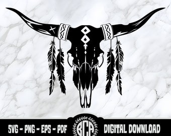 May include: Black and white silhouette of a bull skull with feathers hanging from the horns. The skull has a geometric pattern on the forehead. The text "SVG - PNG - EPS - PDF" and "DIGITAL DOWNLOAD" are at the bottom of the image.