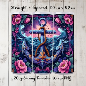 Ocean Anchor Tumbler Wrap PNG | Floral 20oz Skinny Wrap | Nautical Sublimation PNG for Straight & Tapered Tumblers | Digital Download