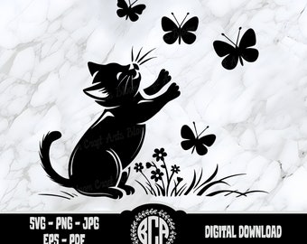 Playful Cat with Butterflies Svg, Cute Cat Svg Files for Crafting, Nursery Decor, Stationary Art, Playing Kitten Silhouette PNG, Happy Cat