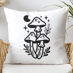 May include: Black and white illustration of three mushrooms with stars on the caps. The mushrooms are surrounded by leaves and a crescent moon.