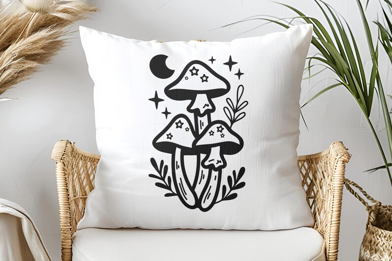 May include: Black and white illustration of three mushrooms with stars on the caps. The mushrooms are surrounded by leaves and a crescent moon.