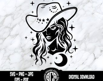 Téléchargement instantané de cow-girl étoilée, cow-girl et lune PNG, clipart cow-girl céleste, cow-girl western SVG, art au pochoir cow-girl, fichiers Cricut