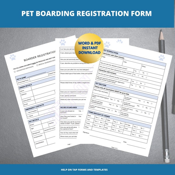 Printable Pet Home Boarding Registration Form | Blue Boarders Form | Home Boarding Template | Licensed Boarder Forms  | Dog / Cat Boarding