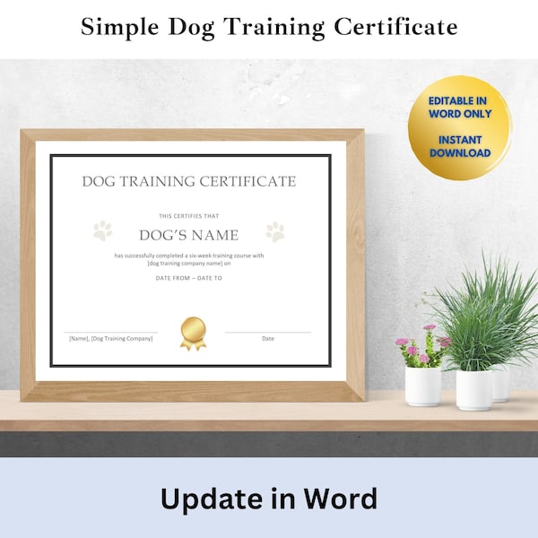 Simple Dog Training Certificate Template | Dog Training Course Certificate | Dog Trainer Course Form | Dog Training Completion Template Word