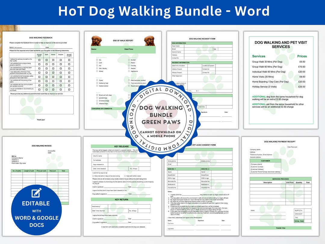 Dog Walking Forms Bundle green Simple Dog Walking Contract Dog Walker ...