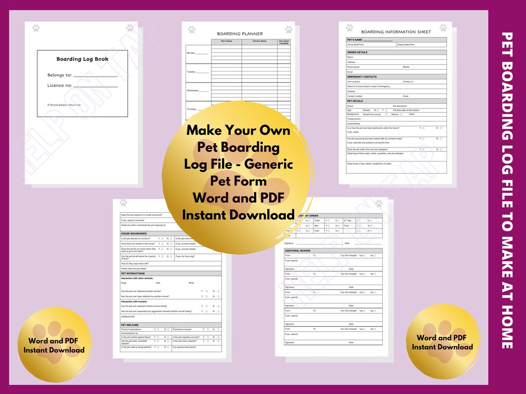 Generic Pet Boarding Log Book to Make at Home Includes a Boarding