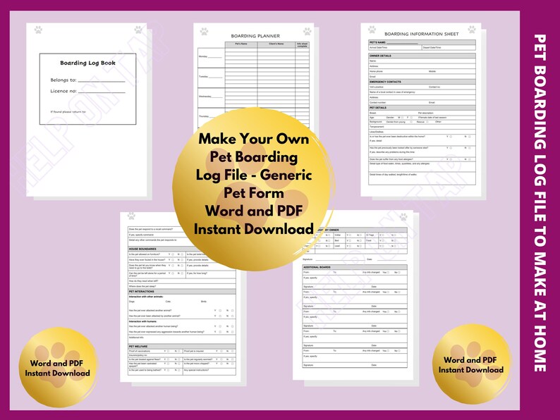 Generic Pet Boarding Log Book to Make at Home Includes a Boarding