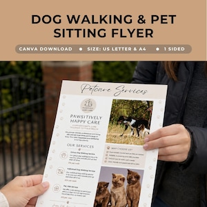 Peut inclure: Un dépliant blanc pour des services de soins aux animaux intitulé Petcare Services avec un logo représentant un chien et un chat. Il contient du texte pour Pawsitively Happy Care, des descriptions de services, des prix en livres et des photos.
