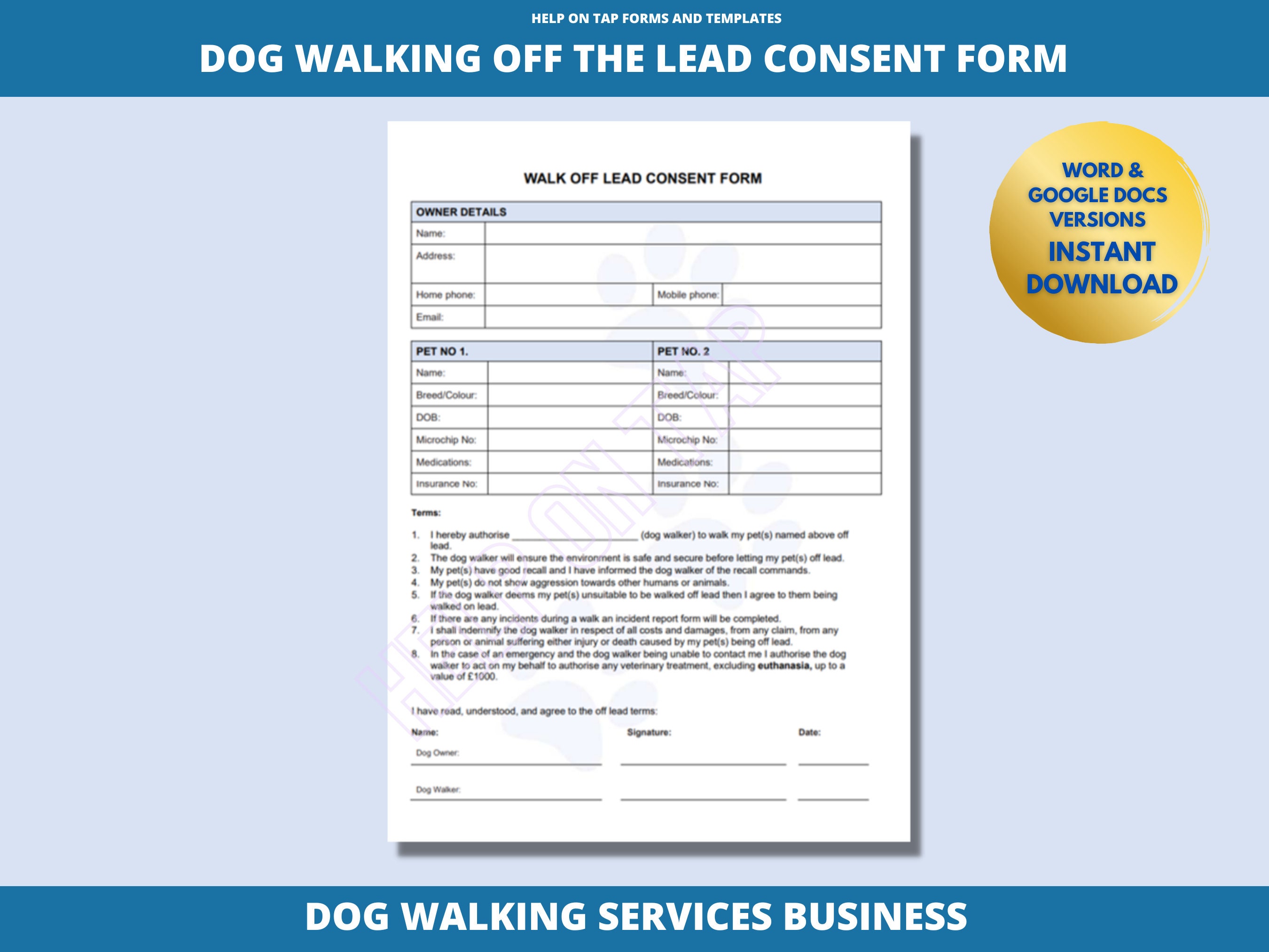 Dog Walking off Lead Consent Form UK Walk Dog off Lead Etsy