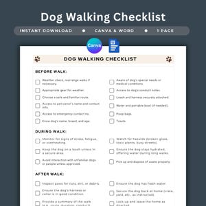 Puede incluir: Una lista de verificación para pasear perros, titulada "Dog Walking Checklist", disponible para descarga instantánea. La lista de verificación se divide en secciones: Antes del paseo, Durante el paseo y Después del paseo.