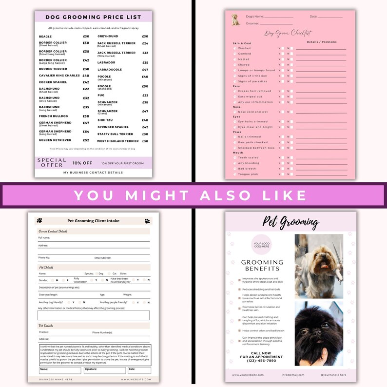 May include: A set of four printable pet grooming business forms on a light pink background. The documents include a dog grooming price list, a dog grooming checklist, a pet grooming client intake form, and a pet grooming benefits information sheet.