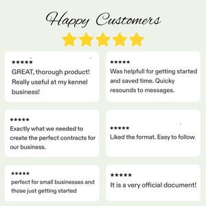 May include: A graphic display titled Happy Customers featuring five yellow stars and six individual five-star reviews. The text includes feedback such as GREAT, thorough product, Was helpfull for getting started, Exactly what we needed, Liked the format, perfect for small businesses, and It is a very official document.