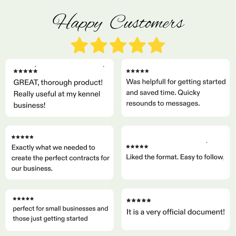 May include: A graphic display titled Happy Customers featuring five yellow stars and six individual five-star reviews. The text includes feedback such as GREAT, thorough product, Was helpfull for getting started, Exactly what we needed, Liked the format, perfect for small businesses, and It is a very official document.