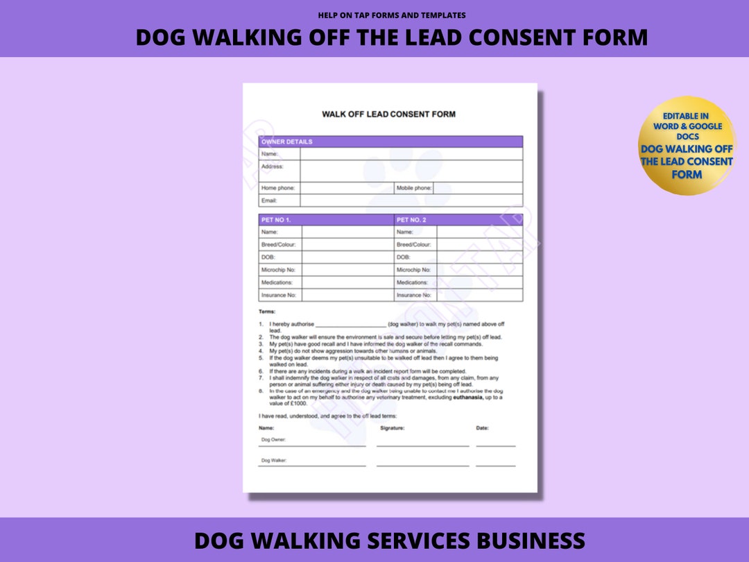 Dog Walking off Lead Consent Form UK purple Walk Dog off Etsy Denmark