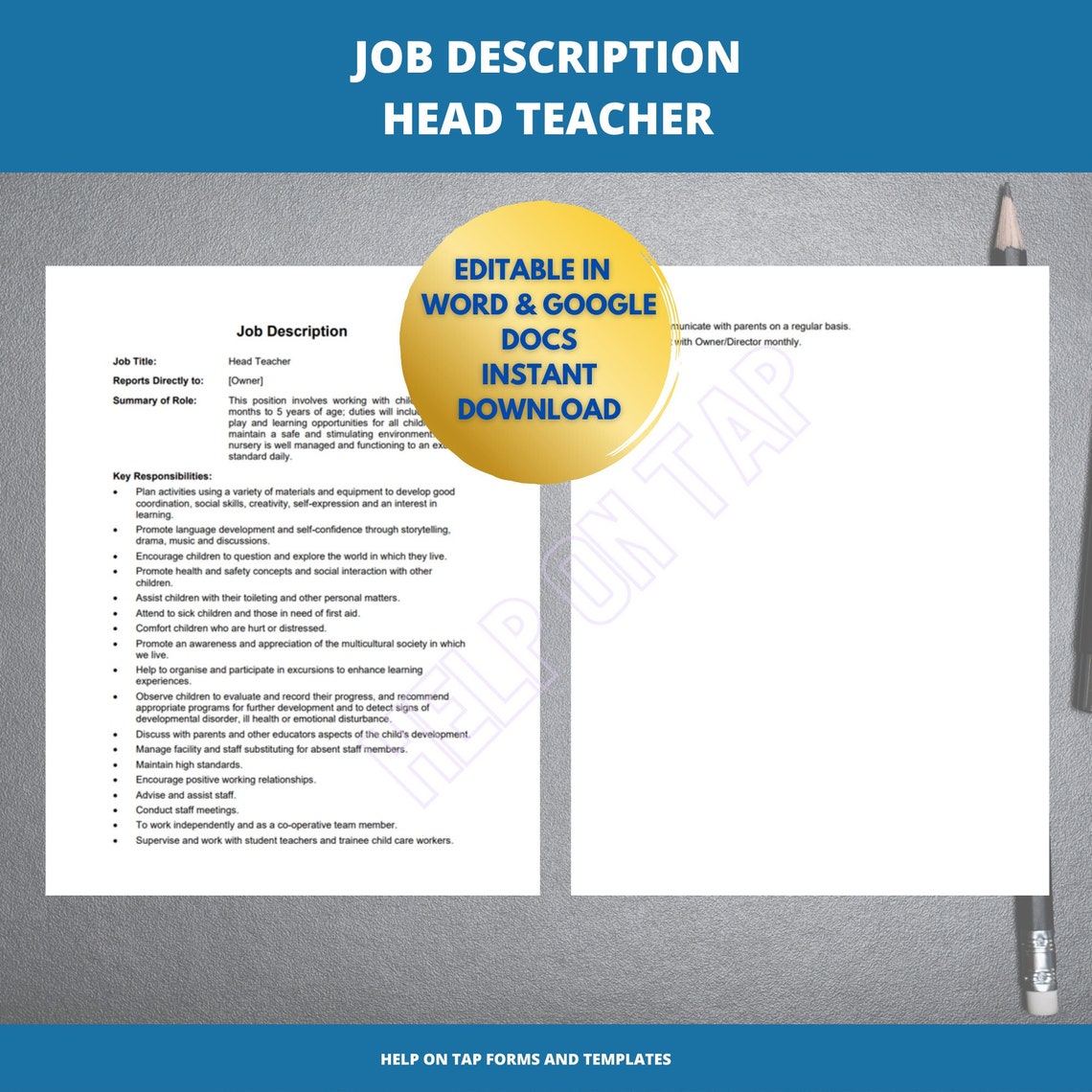 Head Teacher Job Description Template Job Specs Nursery Etsy