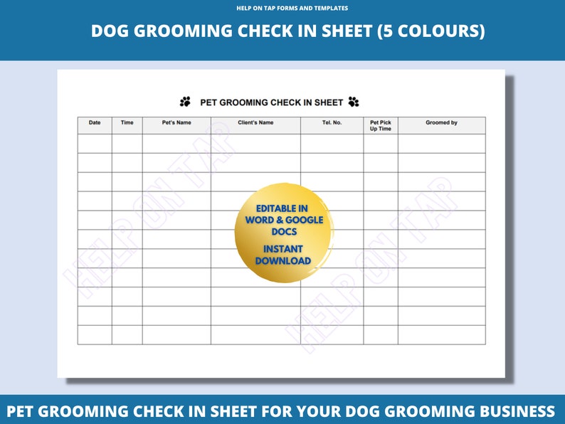 Pet Grooming Check in Sheet Word & Google Docs Dog Grooming Check Sheet