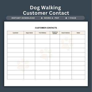 Könnte beinhalten: Ein ausdruckbares Kundenkontaktformular für Hundesitting-Dienste. Das Dokument enthält Felder für Kundeninformationen, den Namen des Hundes, die Adresse, Telefonnummer, E-Mail und Notizen. Der Titel lautet "Dog Walking Customer Contact". Sofortiger Download in Word und PDF.