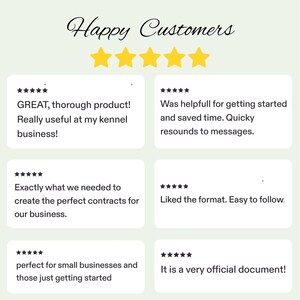 May include: Image featuring customer testimonials with five gold stars above each review. The text reads: "Happy Customers." Reviews include phrases like "thorough product," "saved time," and "perfect contracts for our business."