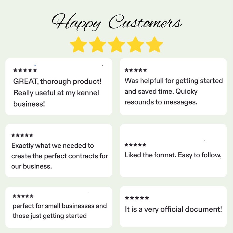 May include: Image featuring customer testimonials with five gold stars above each review. The text reads: "Happy Customers." Reviews include phrases like "thorough product," "saved time," and "perfect contracts for our business."