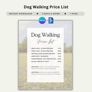 Dog Walking Service Price List Template Pet Walking Service Rate Sheet Canine Exercise Pricing Document Dog Walker Fee Schedule Charge List
