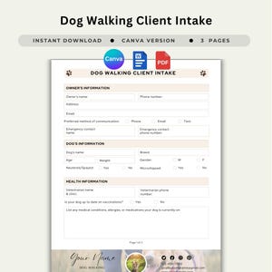 犬の散歩クライアント受付フォーム（Word） ペット散歩新規クライアントオンボーディングアンケート Canva 犬の散歩顧客情報カスタマイズシート