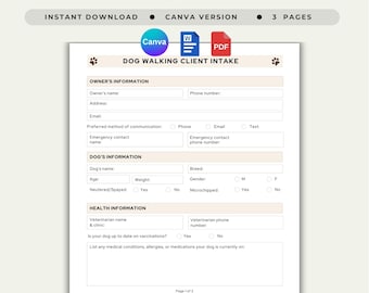 Dog Walking Client Intake Form Word Pet Walking New Client Onboarding Questionnaire Canva Dog Walker Customer Information Customisable Sheet