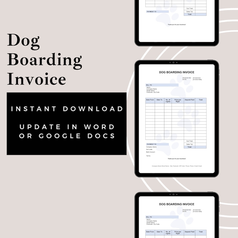 Dog Boarding Invoice Template blue Word Editable Invoice Etsy