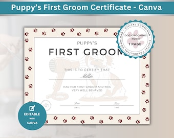 Puppy First Groom Certificate Template: Editable Dog Grooming Form (Digital Download)