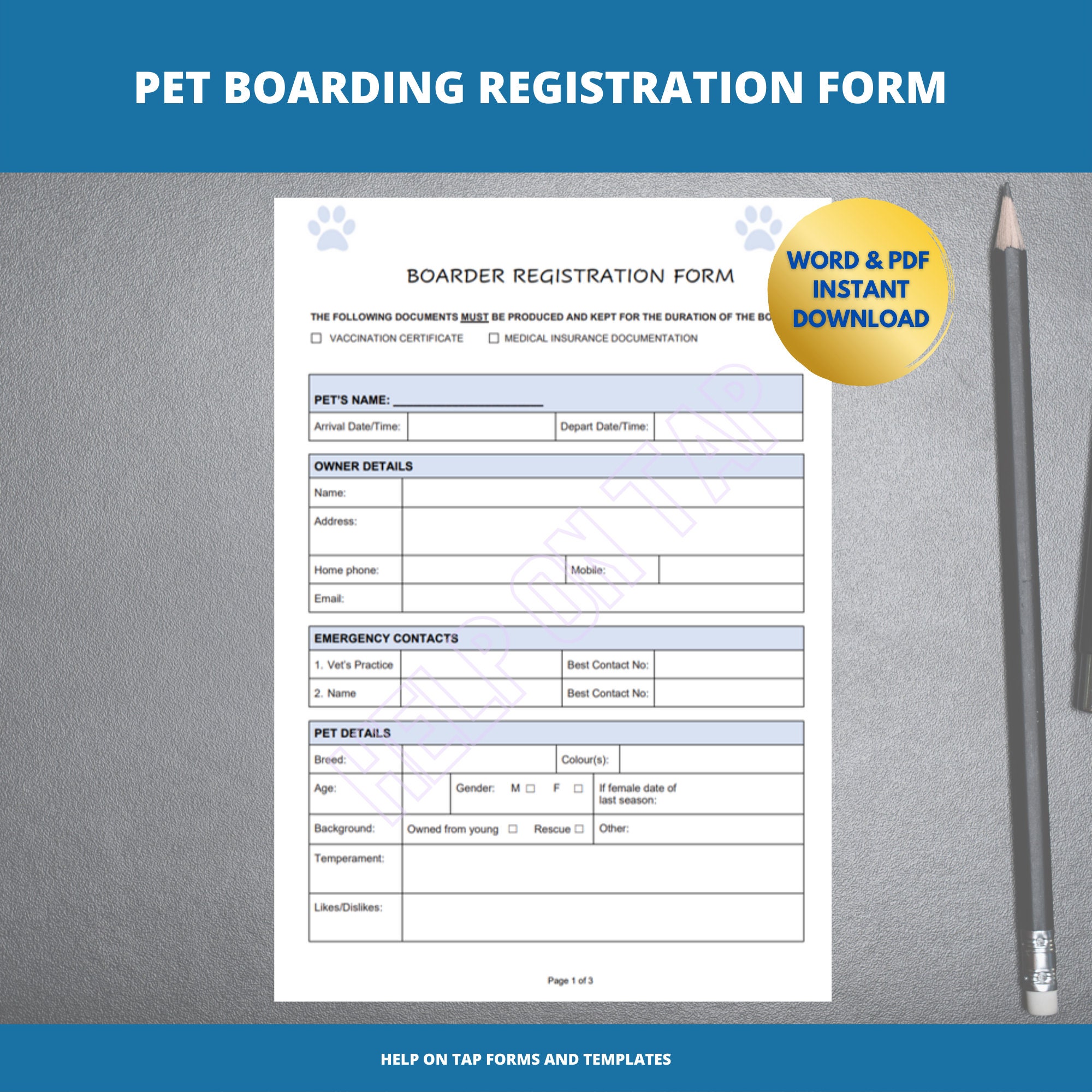 Printable Pet Home Boarding Registration Form Blue Boarders Etsy UK