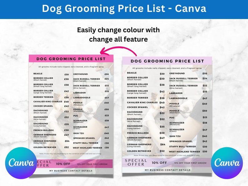 Grooming Dog Price List by Breed Dog Breed Grooming Price Etsy