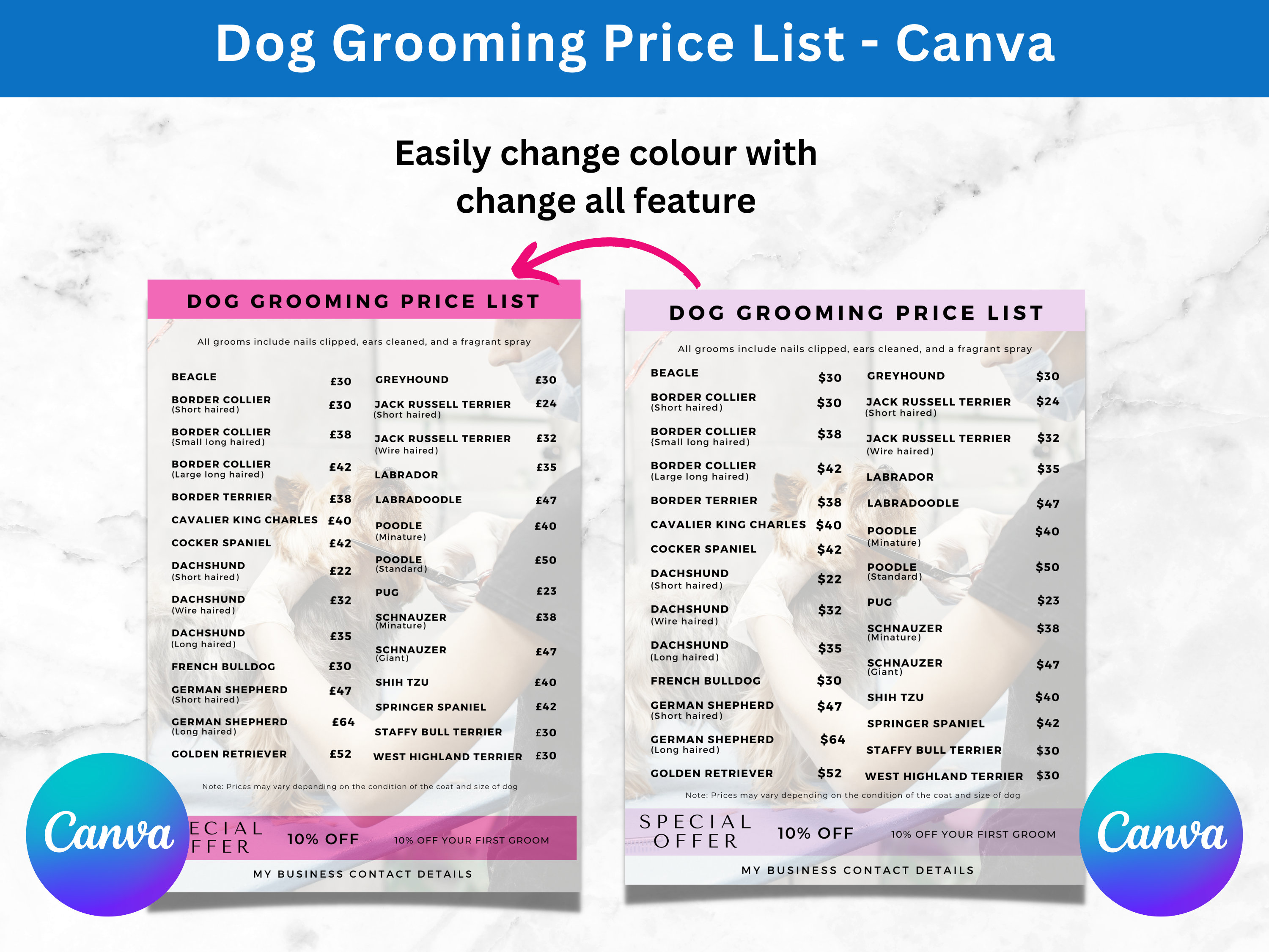 Grooming Dog Price List by Breed Dog Breed Grooming Price Etsy