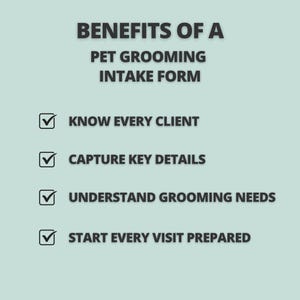 May include: A light green informational graphic titled BENEFITS OF A PET GROOMING INTAKE FORM. It lists four points with checkmark icons: KNOW EVERY CLIENT, CAPTURE KEY DETAILS, UNDERSTAND GROOMING NEEDS, and START EVERY VISIT PREPARED.