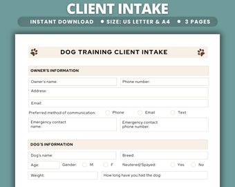 Dog Training Client Intake Form Canine Behaviour Questionnaire Puppy Training Information Sheet Dog Trainer Registration Form Editable Canva