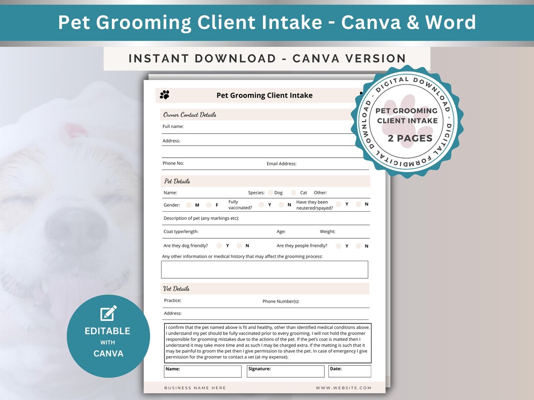 Pet Grooming Intake Form Dog Groomer New Client Onboarding Information ...