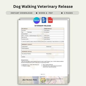 Autorización de salud para paseadores de perros Autorización de salud para paseadores de perros Autorización de salud para paseadores de perros Ejercicio canino Formulario de permiso veterinario Cuidado de perros Word