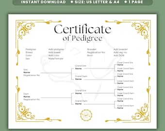 Dog Pedigree Template 3 Generation Lineage Chart Certificate Breeder Registration Personalised Pedigree Canva Custom Family Tree Editable