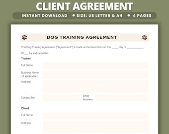 Dog Training Agreement Template Canine Contract Puppy Service Agreement Dog Trainer Client Terms Obedience Coaching Form Pet Training Canva