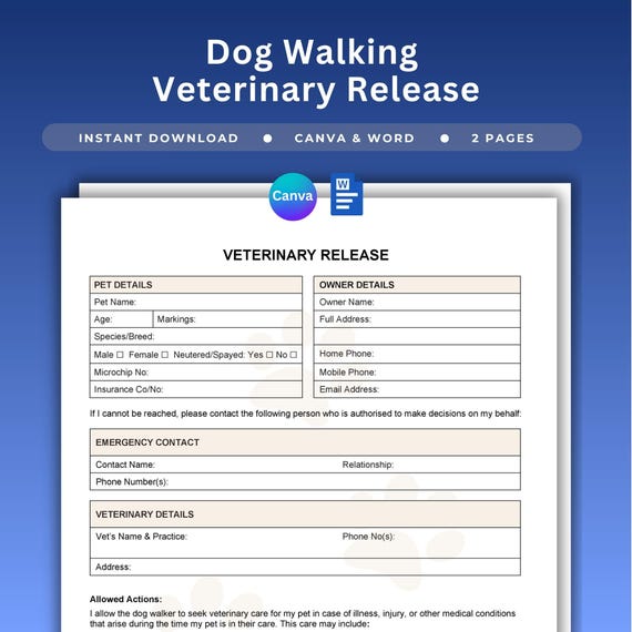 Dog Walking Veterinary Release Pet Care Health Authorisation Dog Walker Health Release Canine Exercise Vet Permission Form Dog Care Word