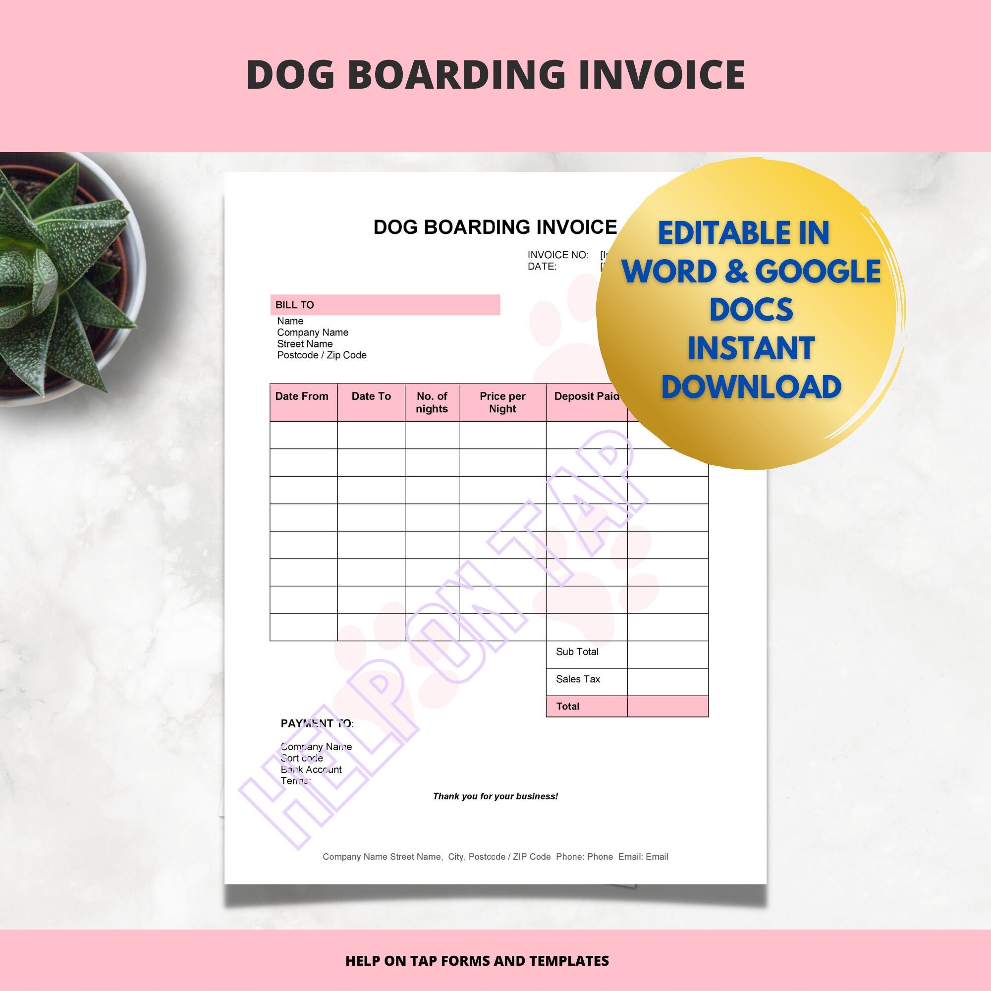 Dog Boarding Invoice Template pink Word Editable Invoice PDF Printable Dog Boarding Invoice Template pink Word Editable Invoice PDF Printable
