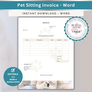 Könnte beinhalten: Eine druckbare Vorlage für eine Haustier-Betreuungsrechnung in einem weißen und beigefarbenen Farbschema mit Pfotenabdrücken. Die Vorlage enthält Abschnitte für Rechnungsinformationen, erbrachte Dienstleistungen, Zahlungsdetails und einen Platz für einen Firmennamen. Der Text "Haustier-Betreuungsrechnung" und "1 Seite" ist auf der Vorlage sichtbar.