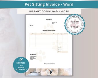 Pet Sitting Invoice Template: Professional Billing Form (Digital Download)