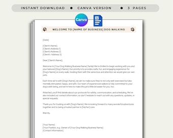 Dog Walking Welcome Letter Template New Pet Walking Client Introduction Dog Walker Client Onboarding Letter Pet Walking Service Message