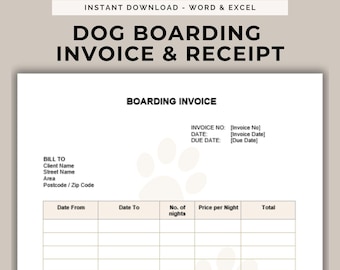 Dog Boarding Invoice Template Pet Sitting Service Simple Receipt Dog Kennel Excel Form Animal Printable Deposit Slip Doc Contractor Editable
