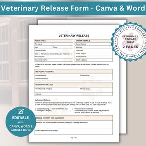 Veterinary Release Form: Pet Emergency Medical Treatment (Canva, Word, Google Docs)