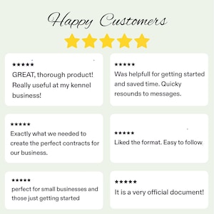 May include: A graphic display titled Happy Customers featuring five yellow stars and six individual five-star reviews. The text includes feedback such as GREAT, thorough product, Was helpfull for getting started, Exactly what we needed, Liked the format, perfect for small businesses, and It is a very official document.