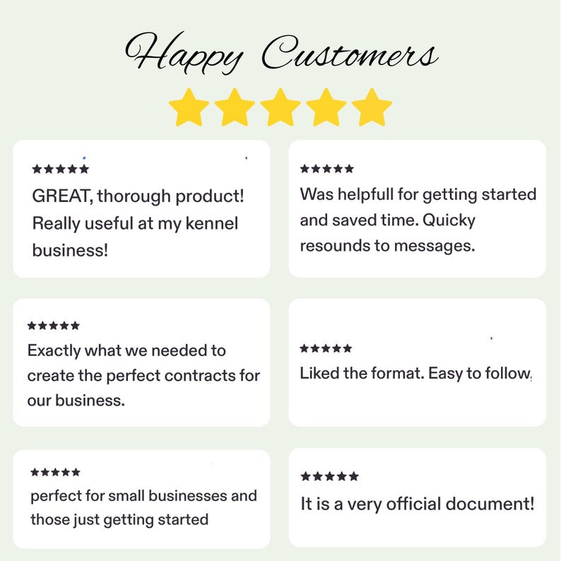 May include: A graphic display titled Happy Customers featuring five yellow stars and six individual five-star reviews. The text includes feedback such as GREAT, thorough product, Was helpfull for getting started, Exactly what we needed, Liked the format, perfect for small businesses, and It is a very official document.