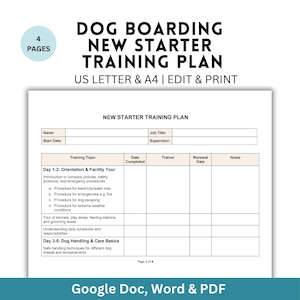 Plan de formation du nouveau personnel pour pension canine Google Doc Guide d'intégration des employés du chenil Liste de contrôle pour l'intégration de l'assistant de chenil Prêt à l'emploi