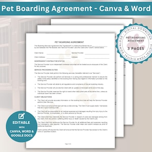 Sjabloon contract voor hondenpension, papierwerk afstandsverklaring hondenpension thuis, formulier voor oppas katten, Algemene voorwaarden, Google Docs Word Canva